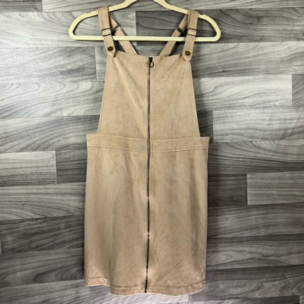 Pie In The Sky Womens Overall Dress Beige Solid Mini Racerback Front Zipper L